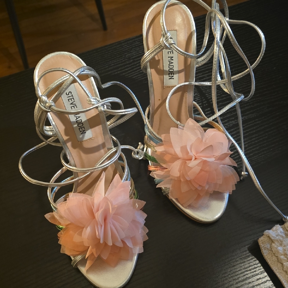 Steve Madden Metallic Silver Heels with Pink Floral Detail